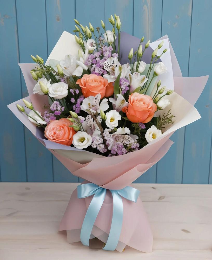 Букет цветов из: Лизиантусы, Розы, Альстромерии и Гипсофила в Сиверском