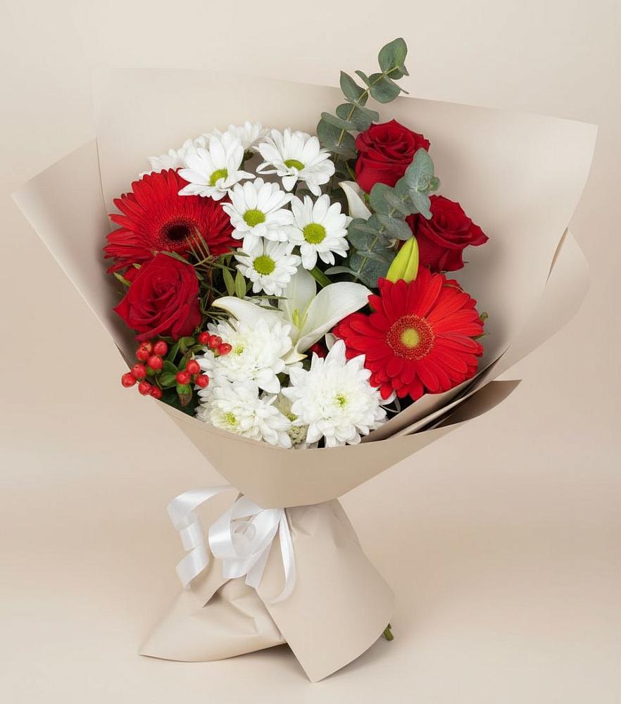 Букет цветов из: Розы, Хризантемы, Герберы и Лилии в Сиверском