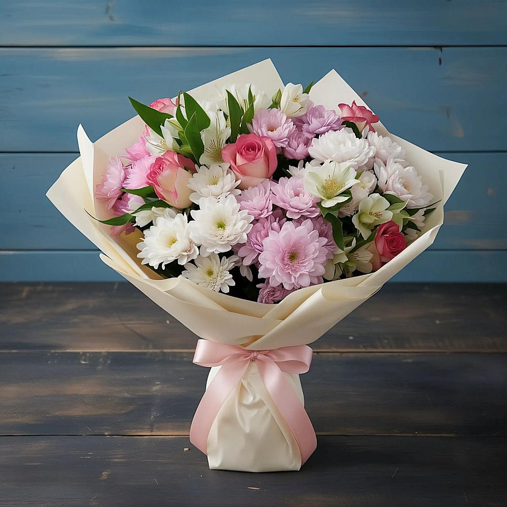 Букет цветов из: Хризантемы, Альстромерии и Розы в Сиверском